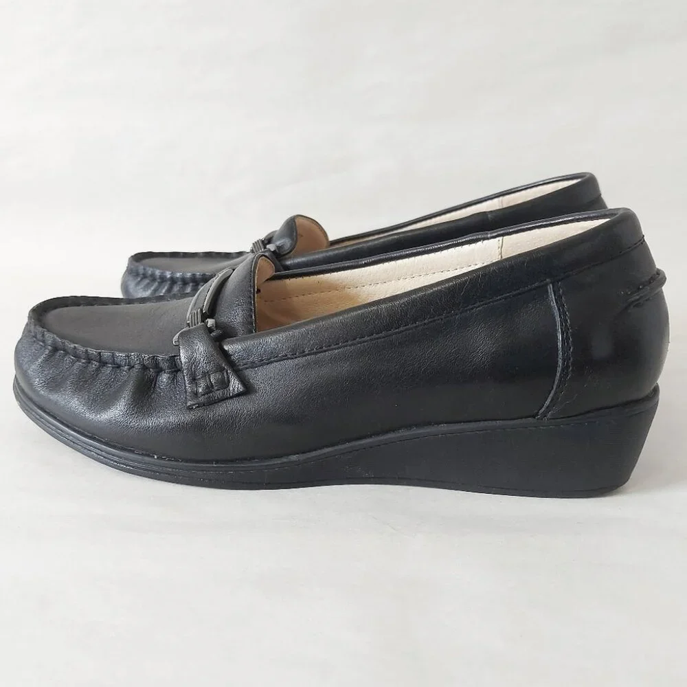 Volks Walkers Women Horse-bit Wedge Loafers 37 EU Black Dressy Comfort Heel